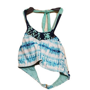 O'rageous Women’s Halter Tankini Bikini Swim Top Blue Tie Dye Crochet Boho Large